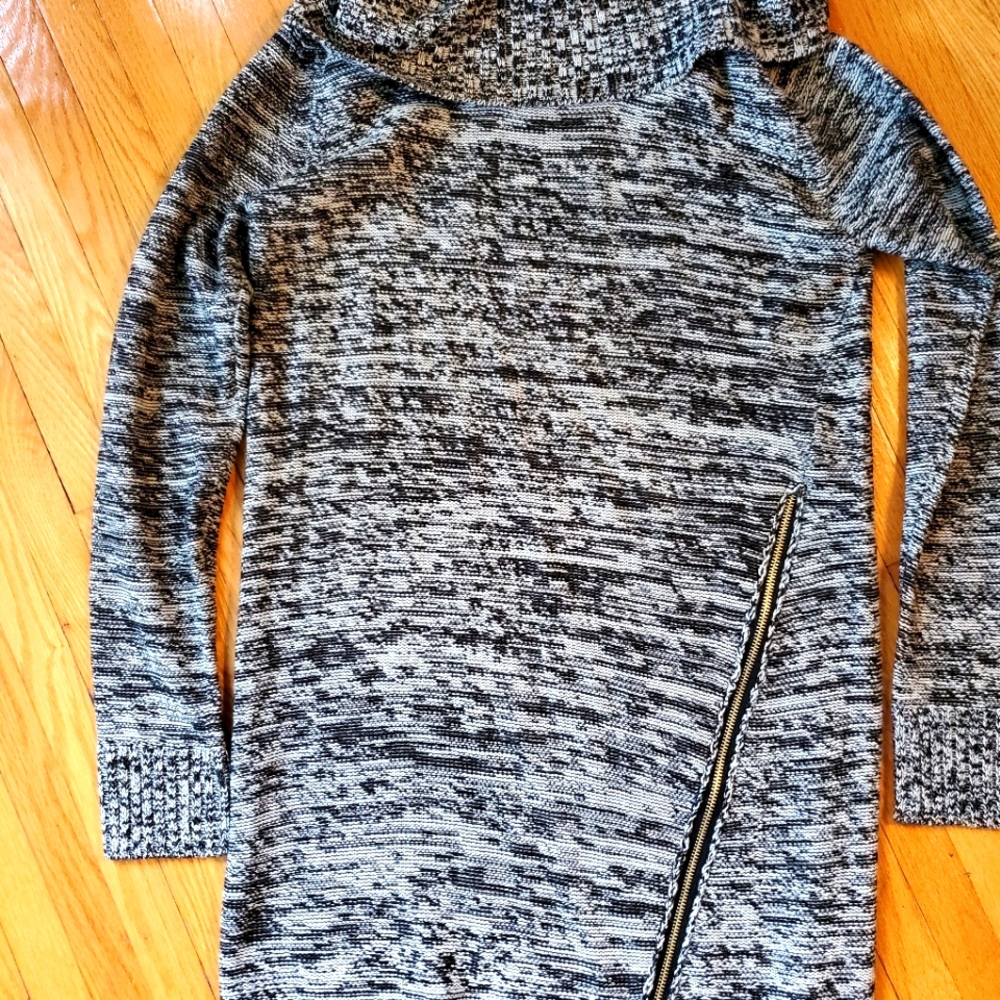 New cowl neck zip front long sweater